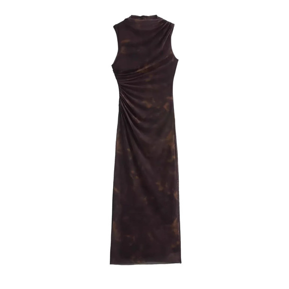 ZARA Fitted High Collar Draped Midi Dress NWT | Brown Bodycon - Picture 15 of 16